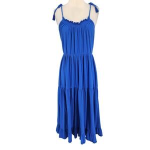 LOFT Beach Tiered Maxi Dress – Royal Blue Cotton Blend with Tassel Straps